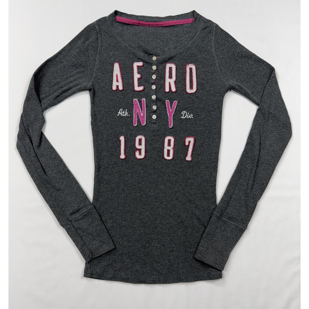 Aéropostale women's long sleeve henley shirt gray pink and white lettering